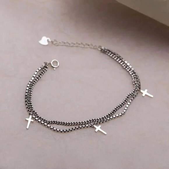 925 Sterling Silver Dainty Minimalist Cross Bracelet Layered Box Chain Bracelet - Picture 1 of 5